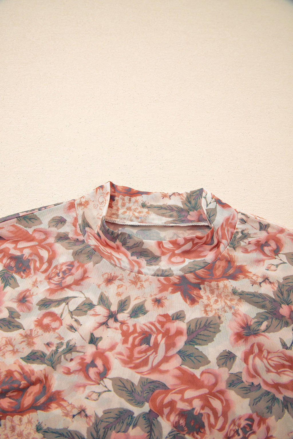 66Retro Floral Print Mesh Mock Neck Top