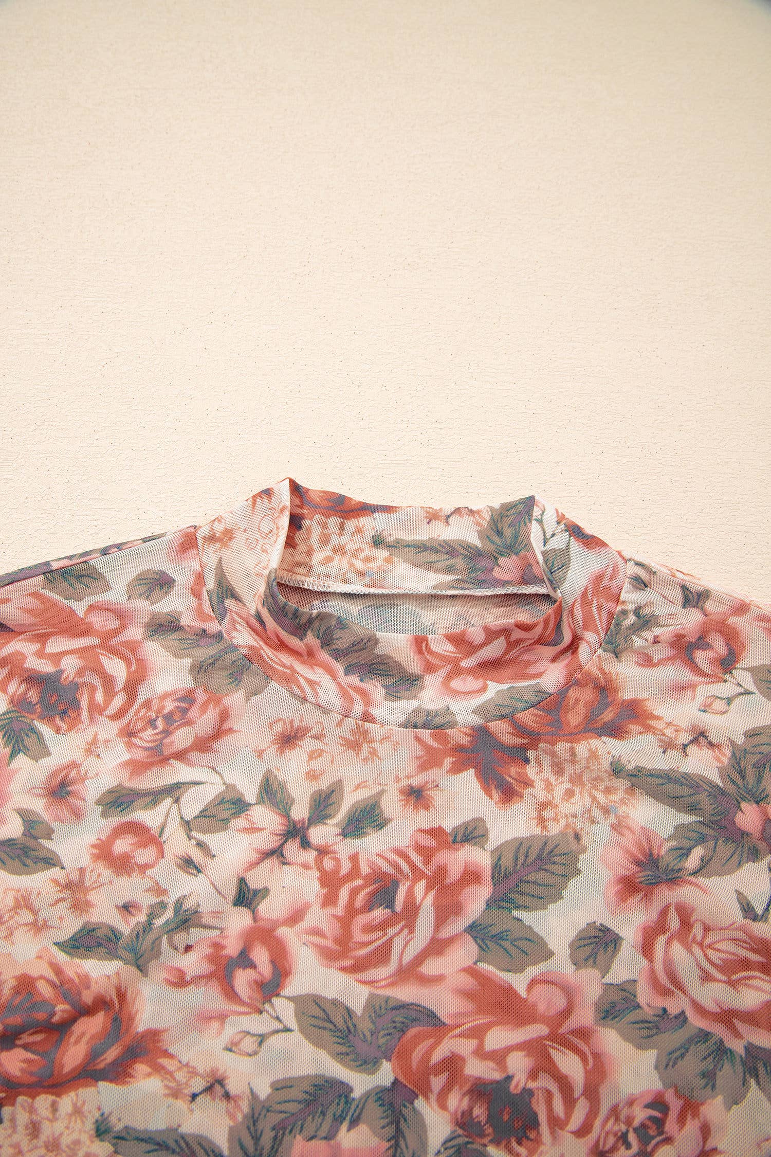 66Retro Floral Print Mesh Mock Neck Top