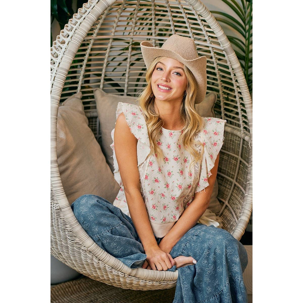 FLOWER PRINTED RUFFLE SLEEVE TRIM DETAIL TOP