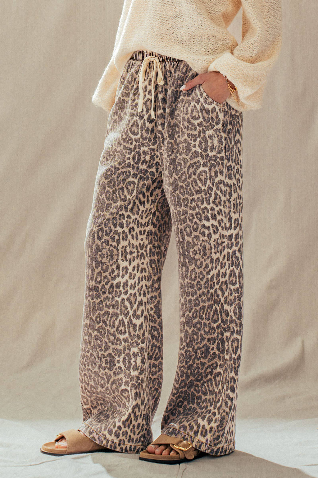 Leopard Print Wide Leg Cotton Pants Drawstring