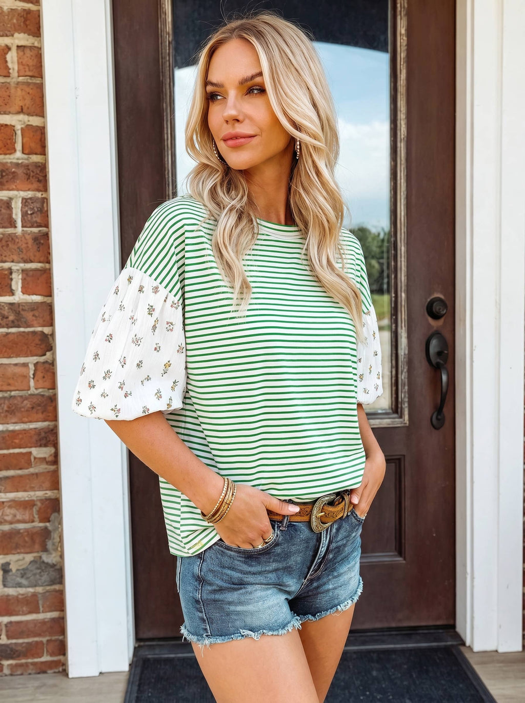 Stripe Floral Puff Sleeve Patchwork Round Neck Loose Top